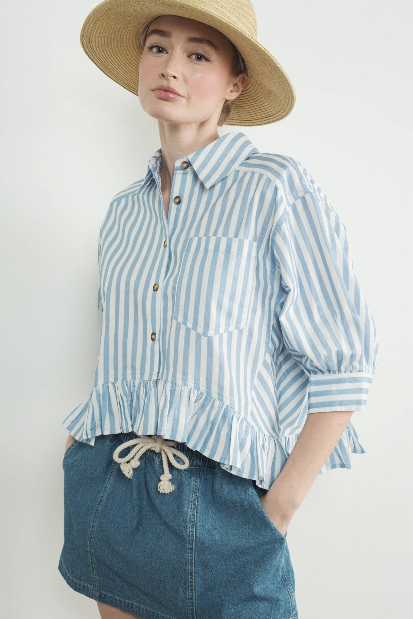 Blue Stripe Ruffle Hem Shirt - Purpose + Passion Boutique