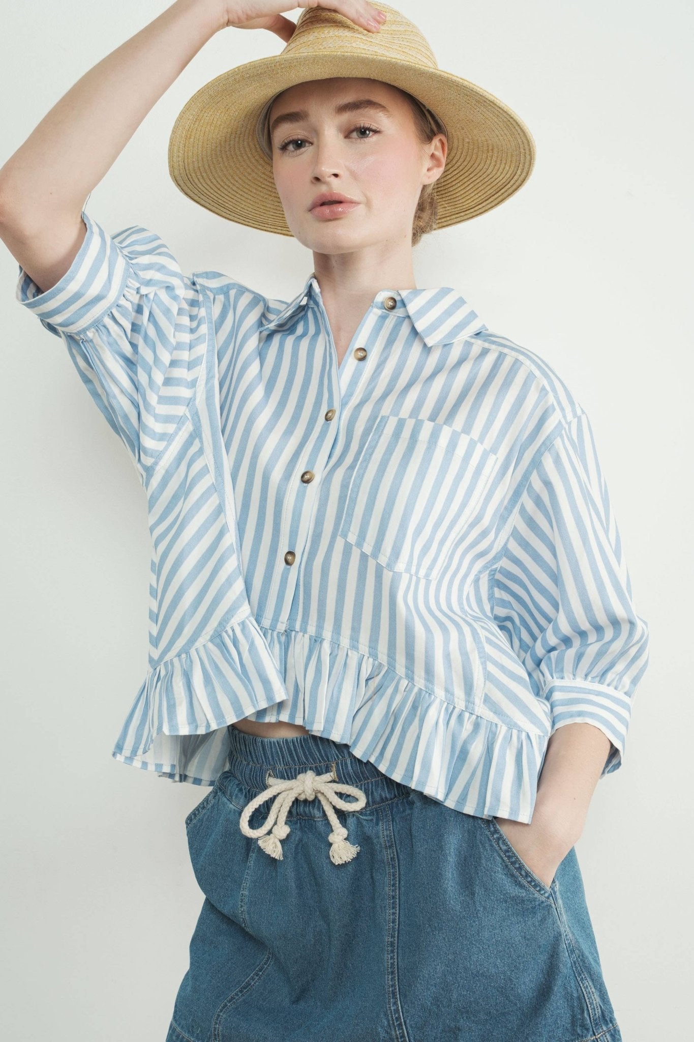 Blue Stripe Ruffle Hem Shirt - Purpose + Passion Boutique