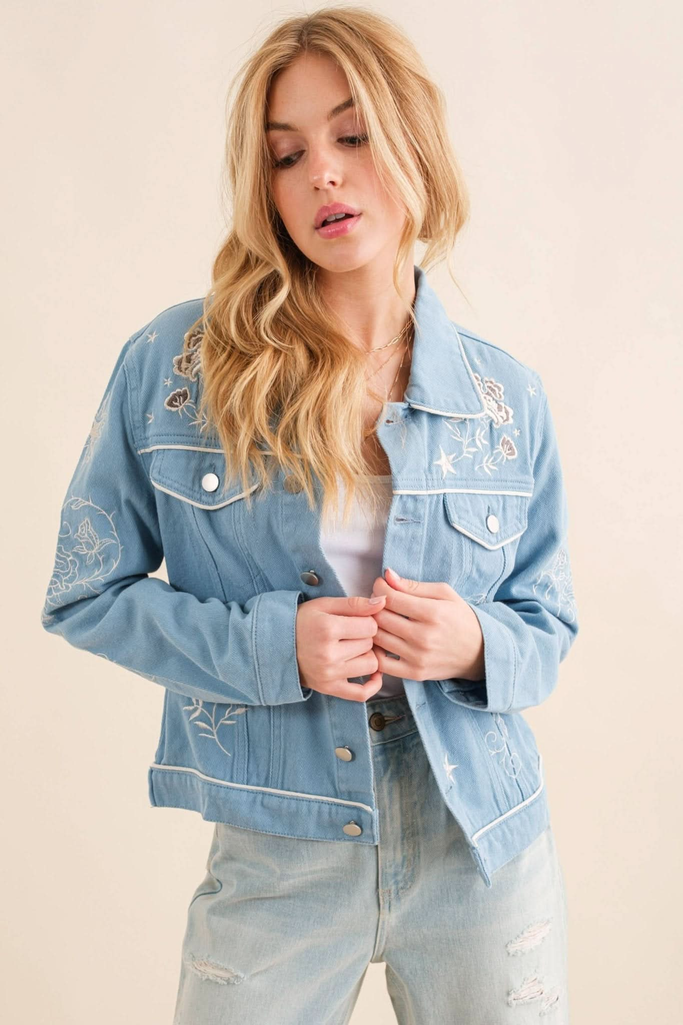 Blue Twill Denim Embroidered Western Button Up Jacket - Purpose + Passion Boutique