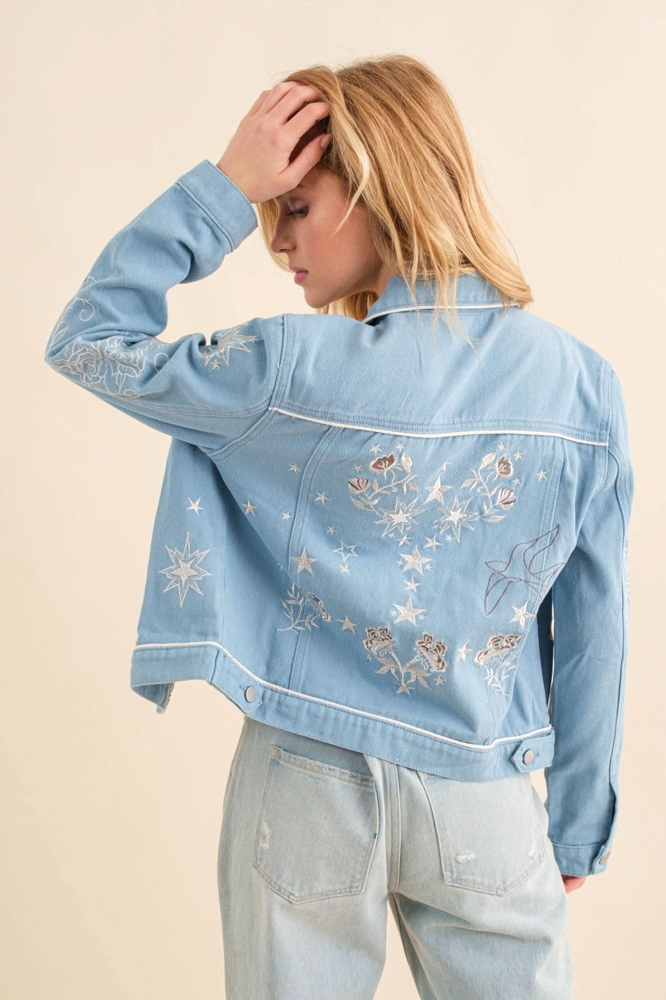 Blue Twill Denim Embroidered Western Button Up Jacket - Purpose + Passion Boutique