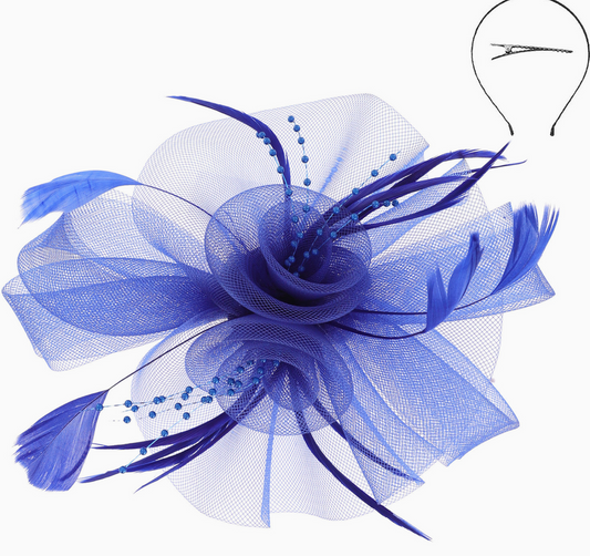 Royal Blue Feather & Double Floral Mesh Fascinator Headband/Clip