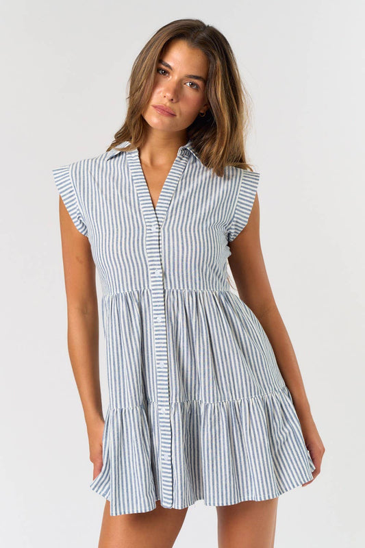 Blue/White Stripe Button Down Ruffle Mini Dress - Purpose + Passion Boutique