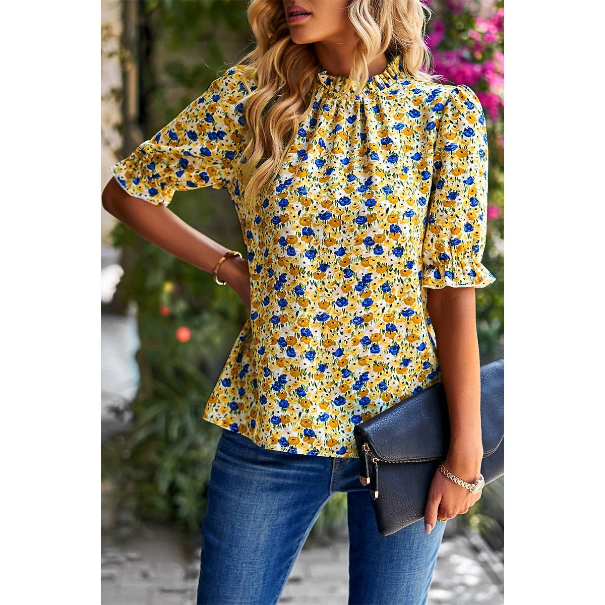 Boho Floral Ruffle Mock Neck Puff Short Sleeve Shirt - Purpose + Passion Boutique