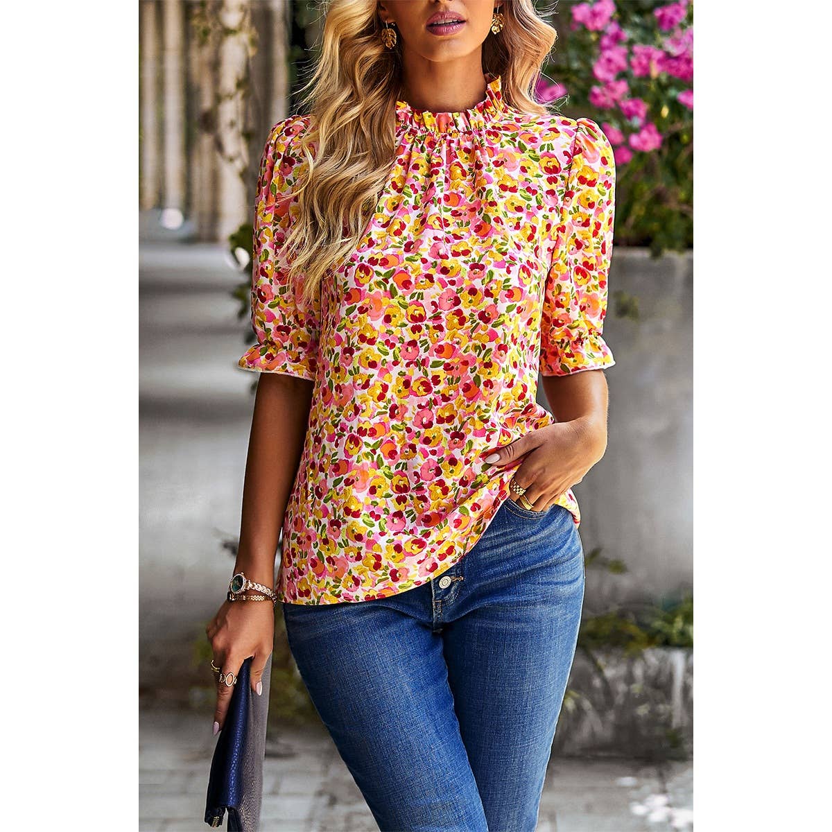 Boho Floral Ruffle Mock Neck Puff Short Sleeve Shirt - Purpose + Passion Boutique