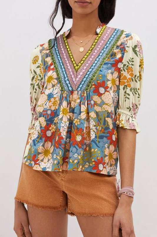 Boho V Neck Half Sleeve Floral Blouse - Purpose + Passion Boutique