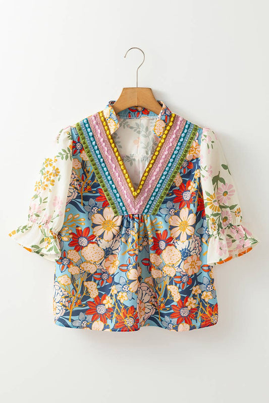 Boho V Neck Half Sleeve Floral Blouse - Purpose + Passion Boutique
