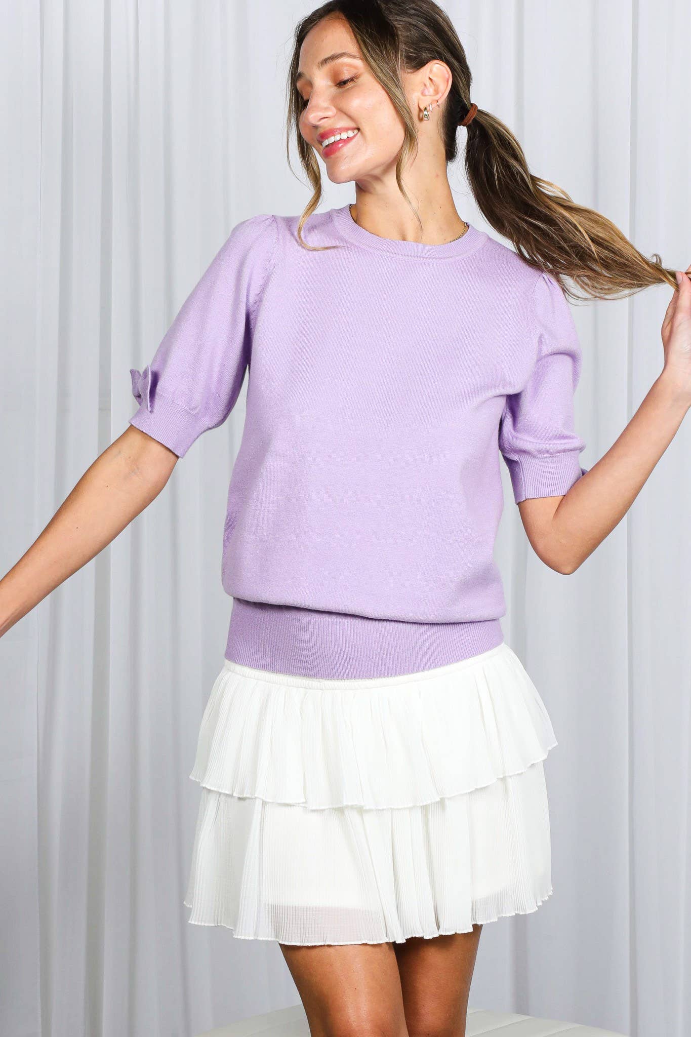 Bow Puff Sleeve Crew Neck Knitted Top - Purpose + Passion Boutique