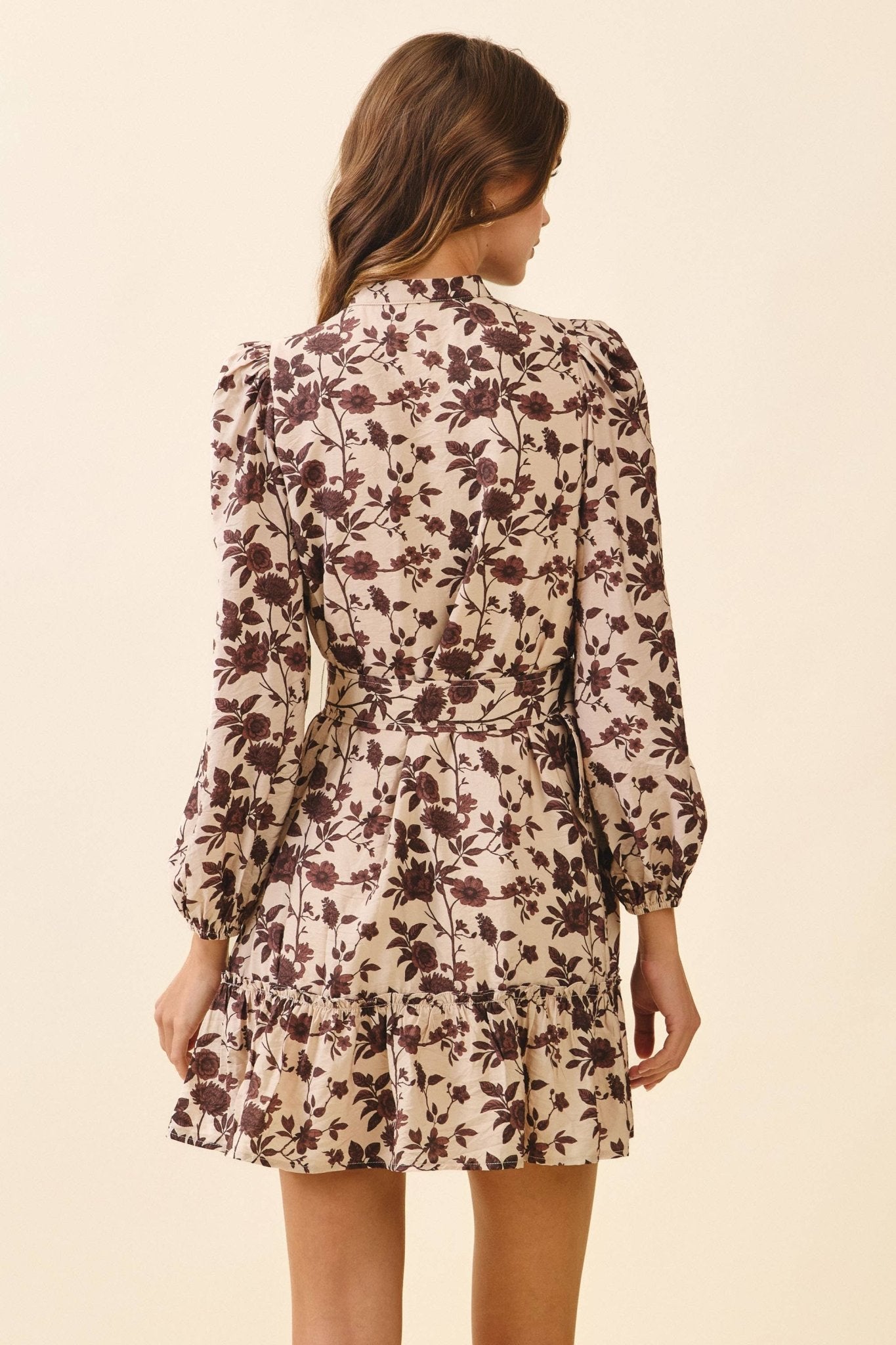 Brown / Beige Floral Print High Neck Dress - Purpose + Passion Boutique