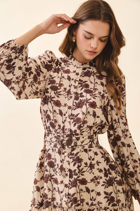Brown / Beige Floral Print High Neck Dress - Purpose + Passion Boutique
