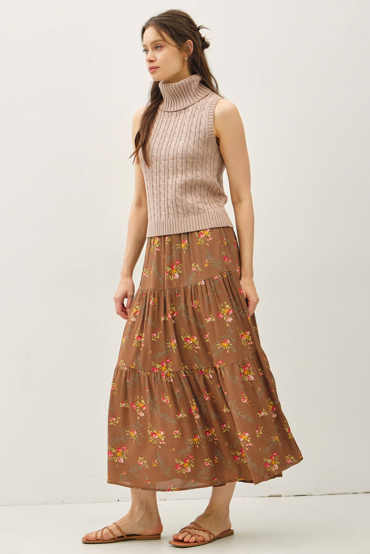 Brown Floral Print Tiered Maxi Skirt - Purpose + Passion Boutique
