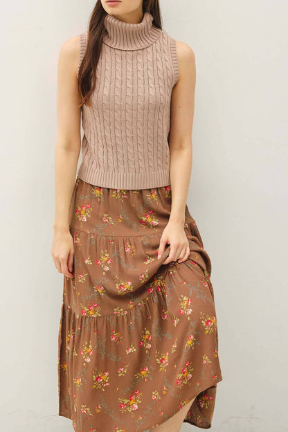 Brown Floral Print Tiered Maxi Skirt - Purpose + Passion Boutique