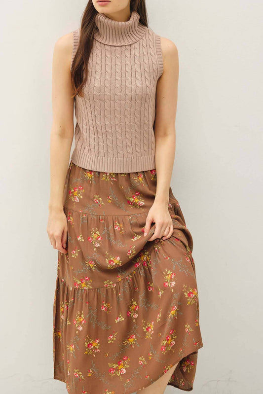 Brown Floral Print Tiered Maxi Skirt - Purpose + Passion Boutique