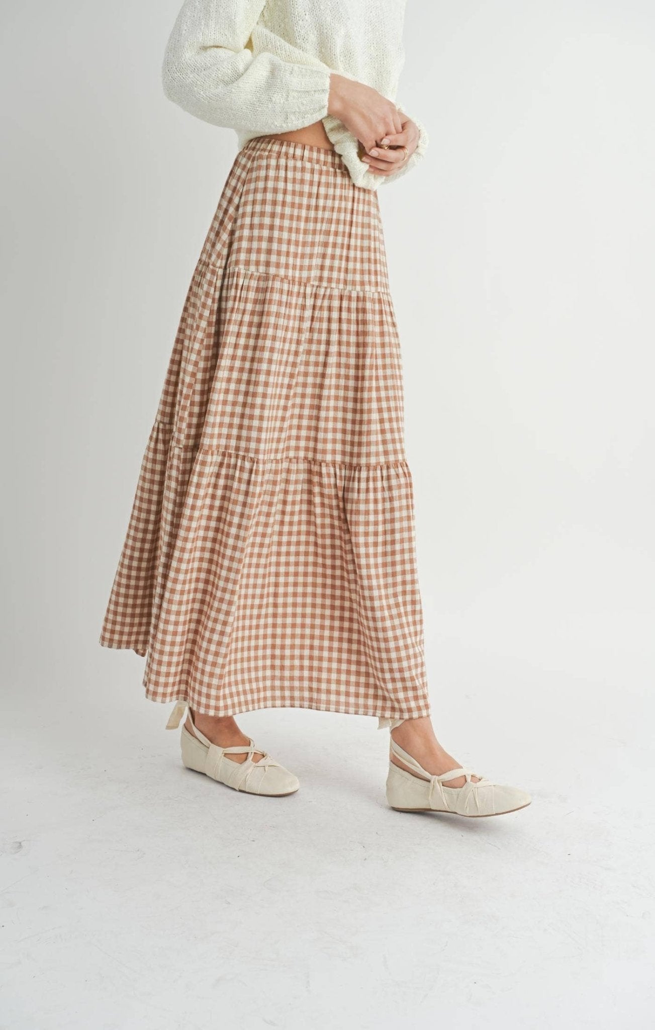 Brown & Ivory Checkered Tiered Maxi Skirt - Purpose + Passion Boutique