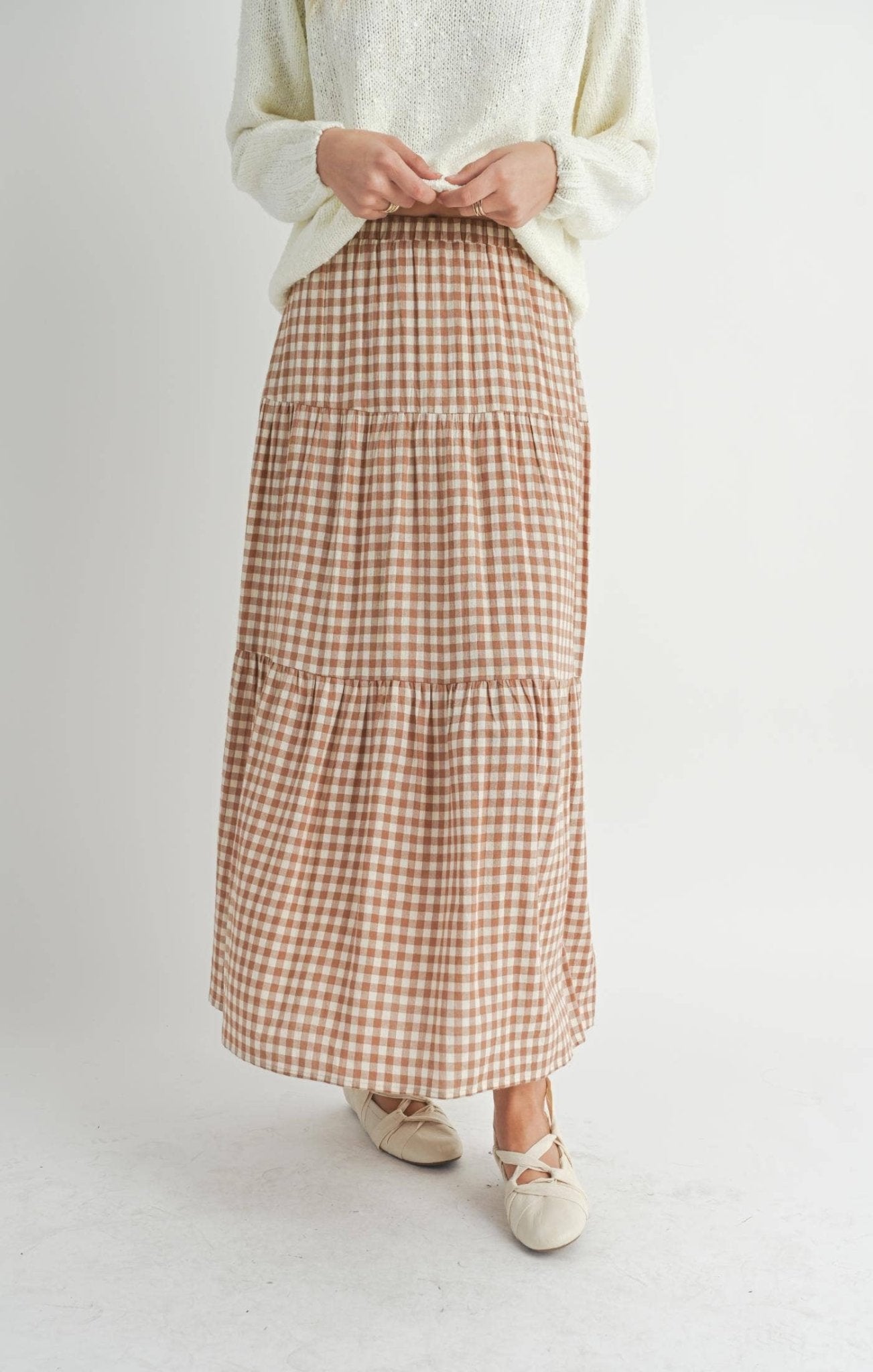 Brown & Ivory Checkered Tiered Maxi Skirt - Purpose + Passion Boutique