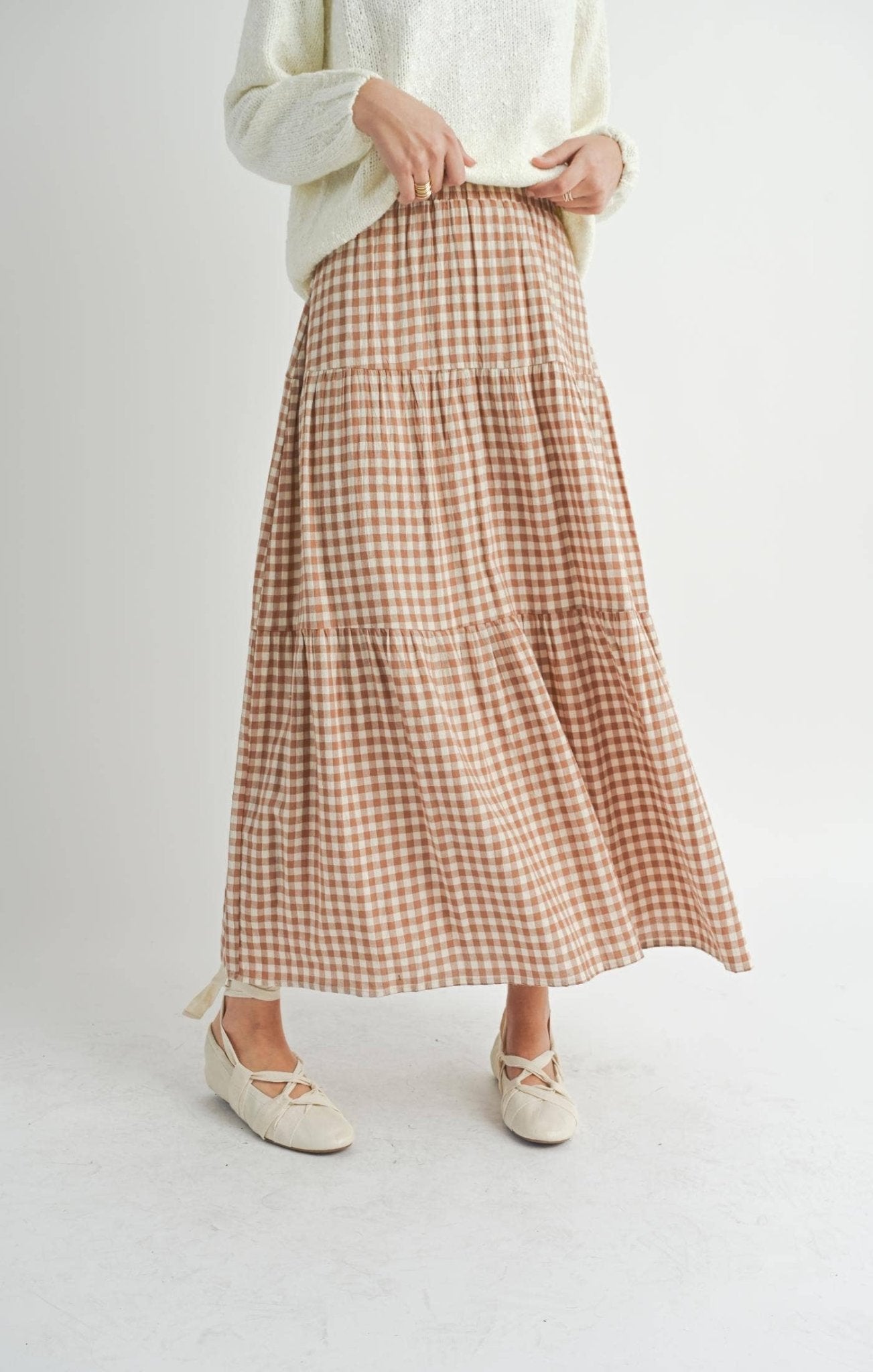 Brown & Ivory Checkered Tiered Maxi Skirt - Purpose + Passion Boutique