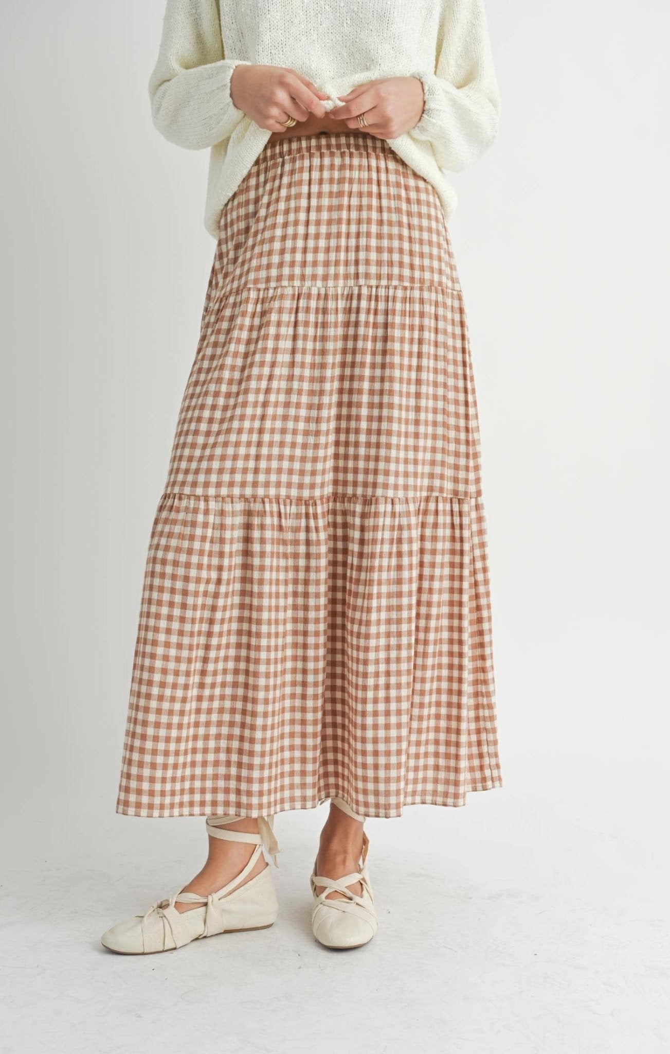 Brown & Ivory Checkered Tiered Maxi Skirt - Purpose + Passion Boutique