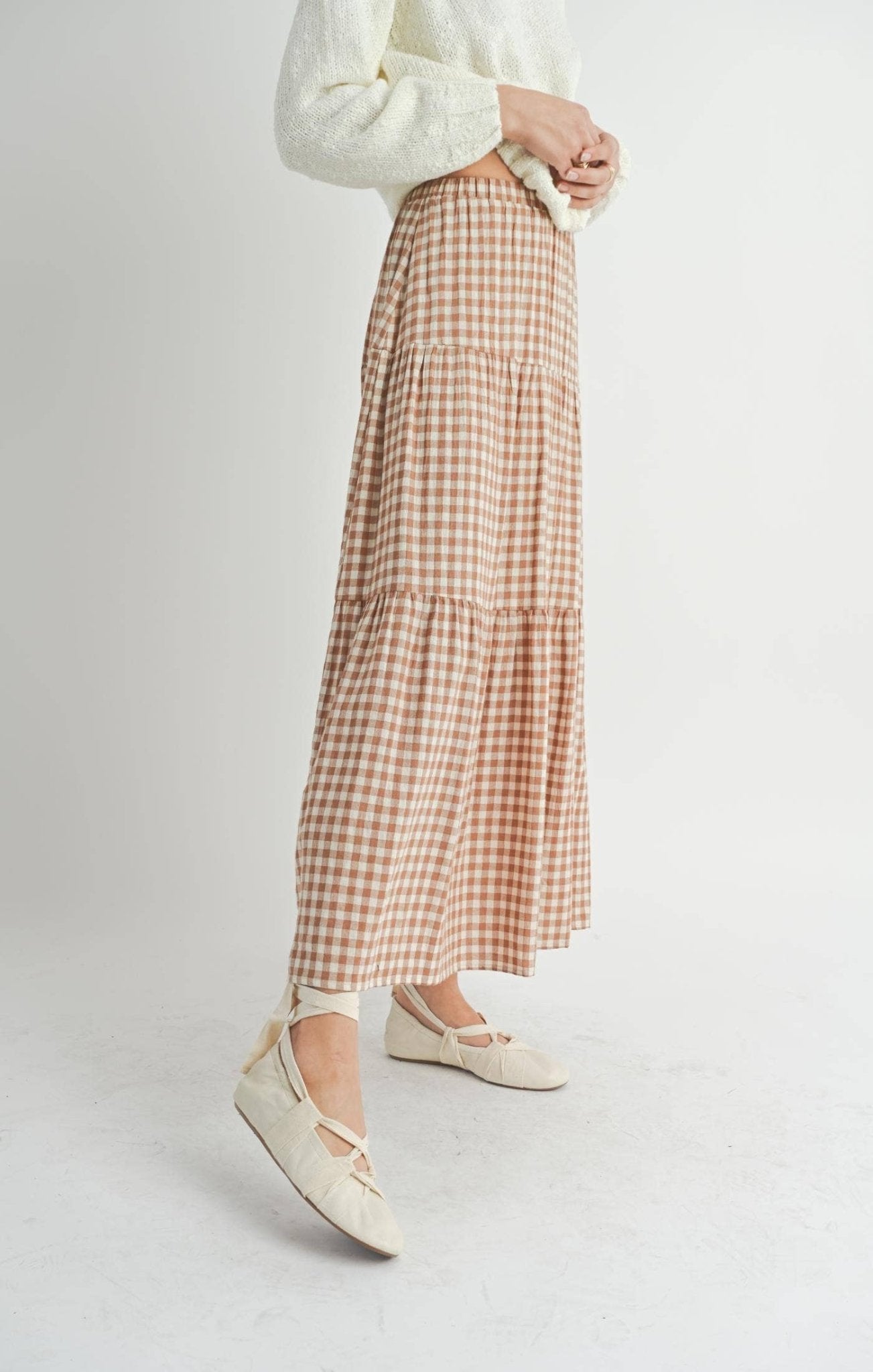 Brown & Ivory Checkered Tiered Maxi Skirt - Purpose + Passion Boutique