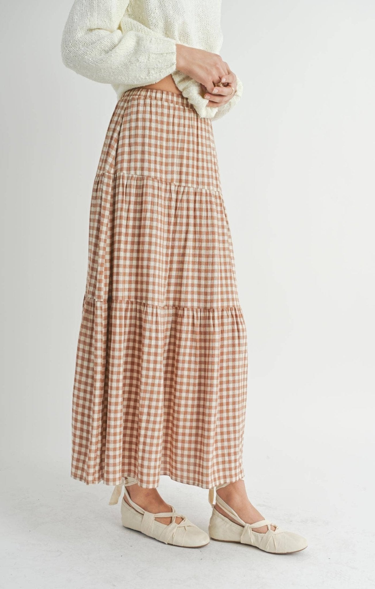 Brown & Ivory Checkered Tiered Maxi Skirt - Purpose + Passion Boutique