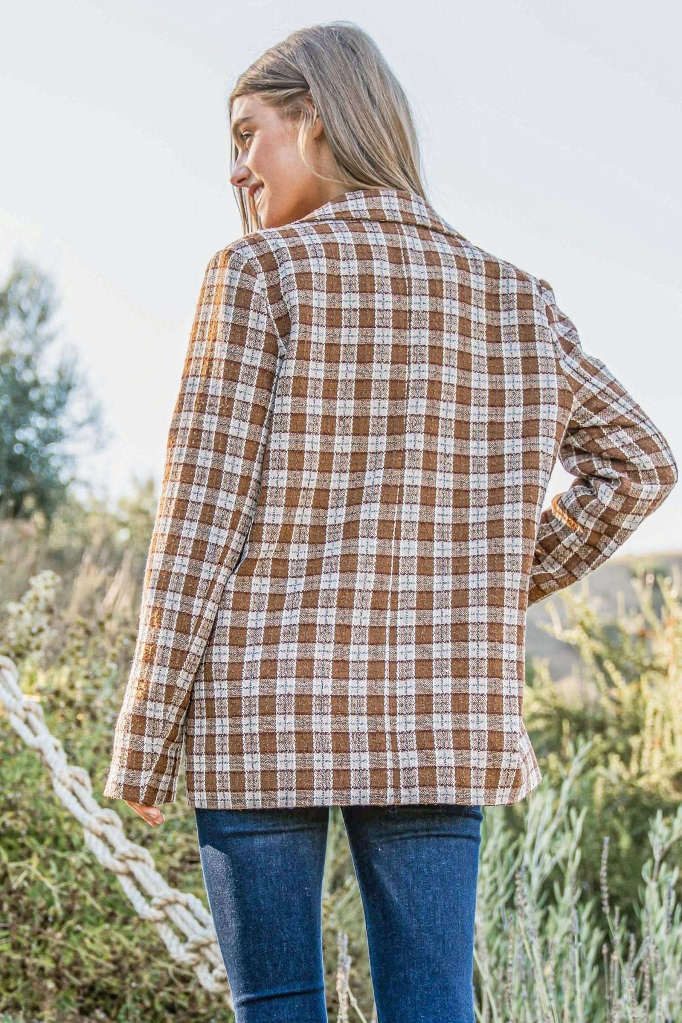 Brown Plaid Pattern Tweed Casual Blazer - Purpose + Passion Boutique