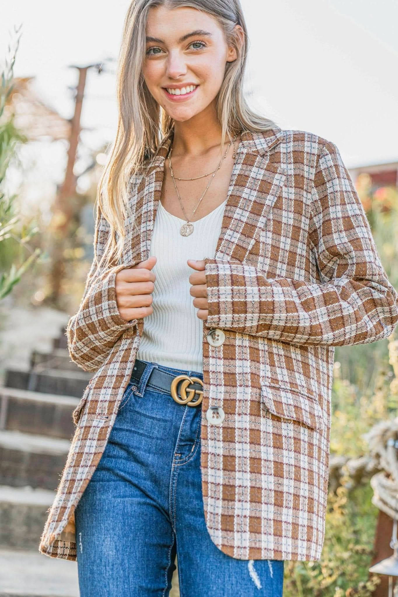 Brown Plaid Pattern Tweed Casual Blazer - Purpose + Passion Boutique