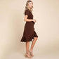 Brown Short Sleeve Ruffled Tulip Hem Tie Belt Dress - Purpose + Passion Boutique