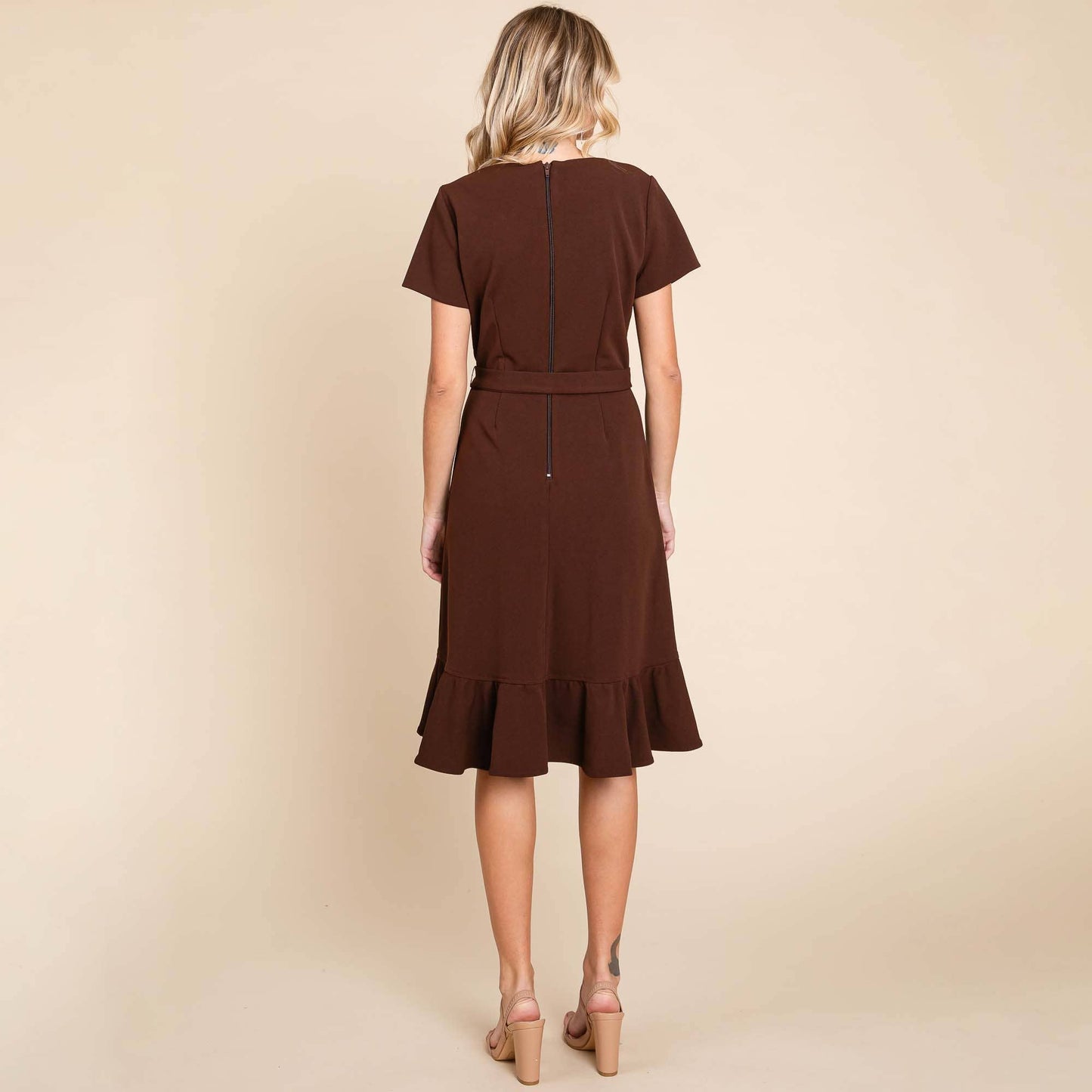 Brown Short Sleeve Ruffled Tulip Hem Tie Belt Dress - Purpose + Passion Boutique