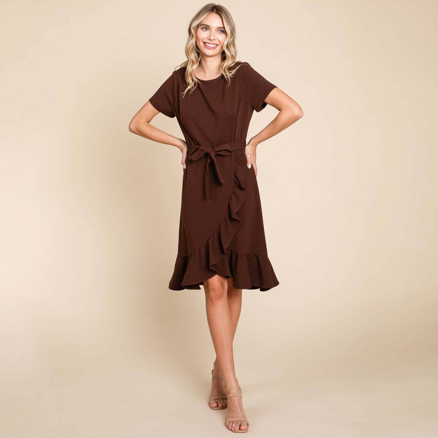 Brown Short Sleeve Ruffled Tulip Hem Tie Belt Dress - Purpose + Passion Boutique