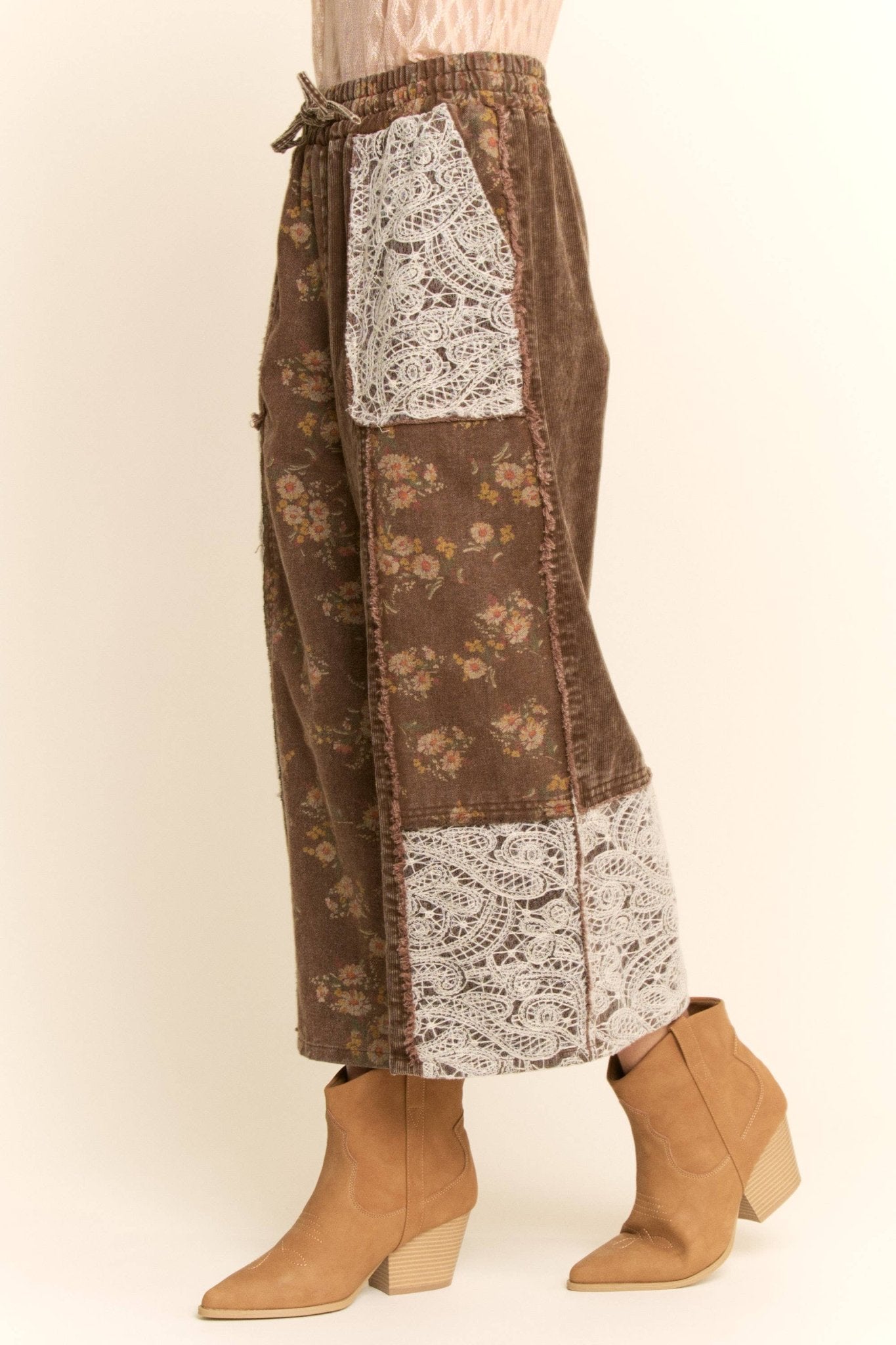 Brown Washed Corduroy and Flower Denim Pants - Purpose + Passion Boutique