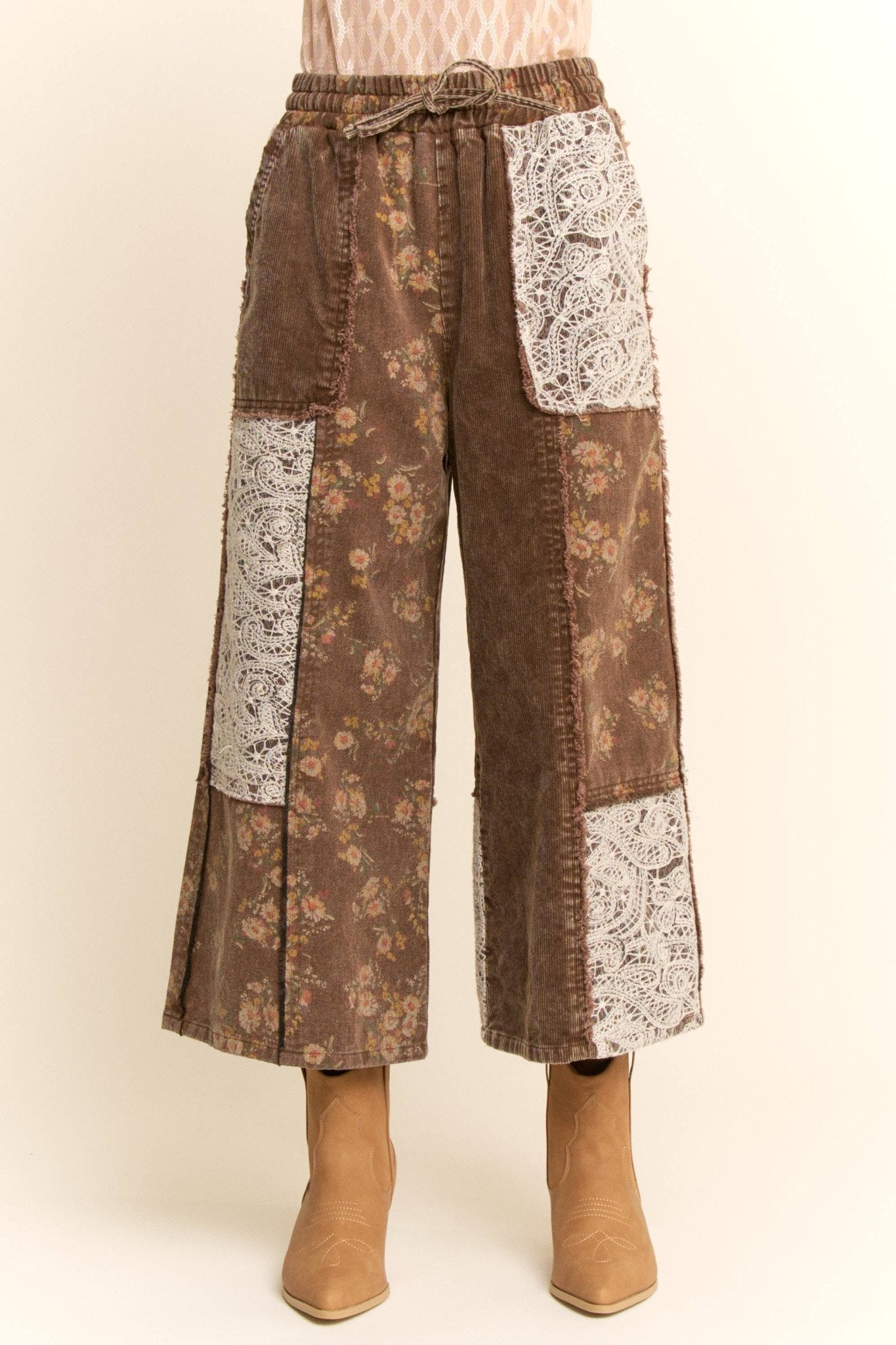 Brown Washed Corduroy and Flower Denim Pants - Purpose + Passion Boutique