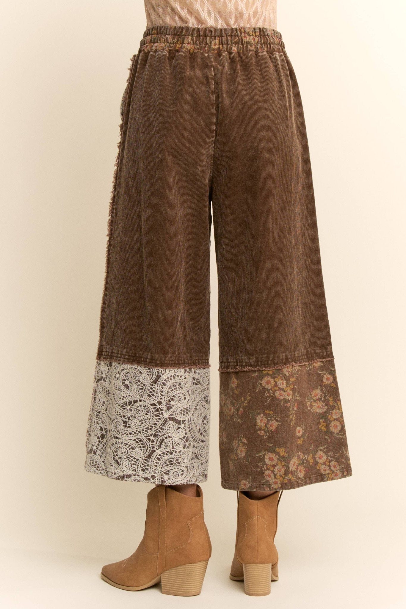 Brown Washed Corduroy and Flower Denim Pants - Purpose + Passion Boutique