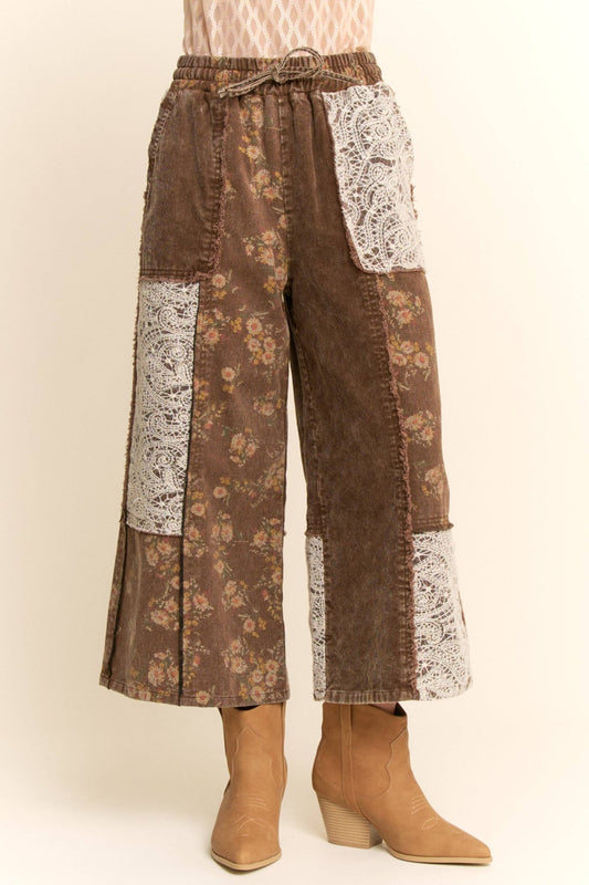 Brown Washed Corduroy and Flower Denim Pants - Purpose + Passion Boutique