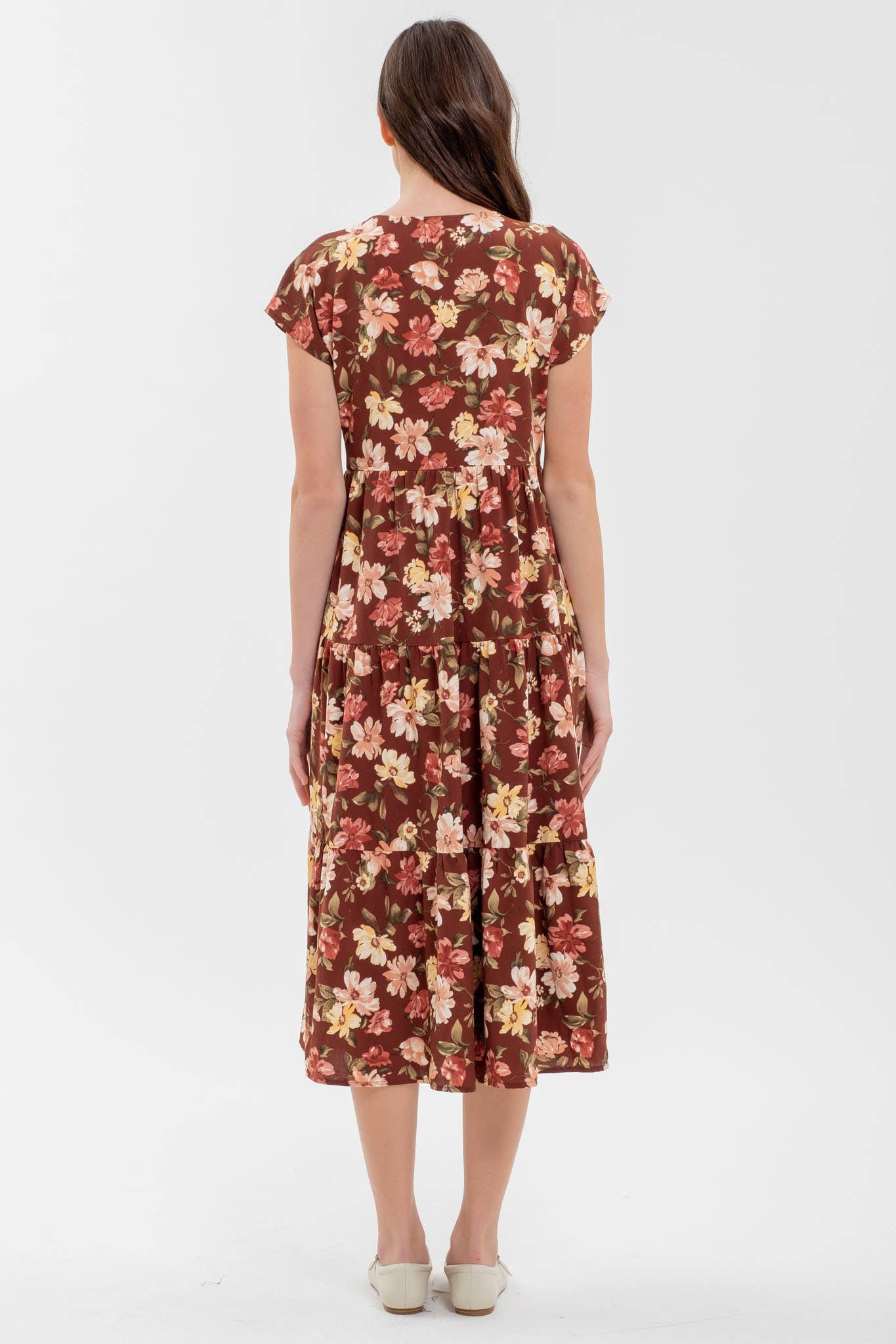 Burgundy Button Down Tiered Floral V - Neck Midi Dress - Purpose + Passion Boutique