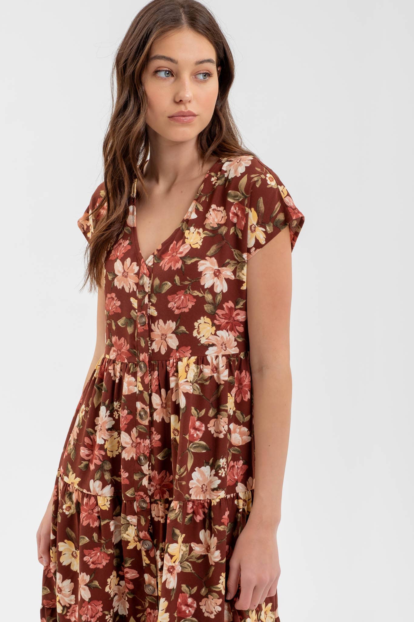 Burgundy Button Down Tiered Floral V - Neck Midi Dress - Purpose + Passion Boutique