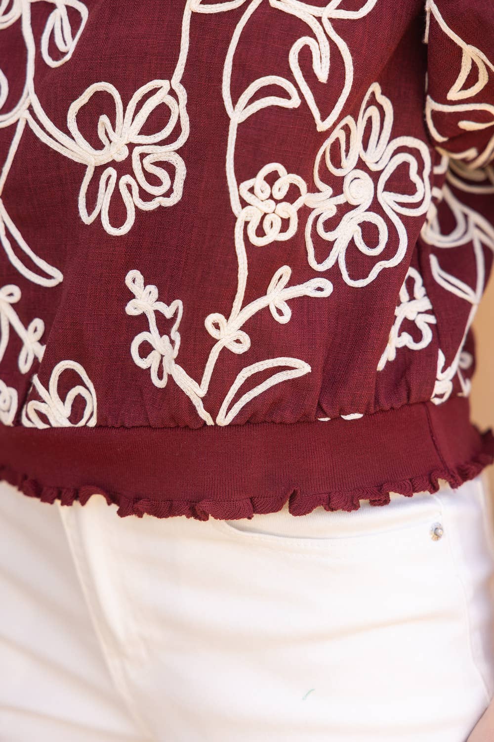 Burgundy Floral Embroidered Short Bubble Sleeve Top - Purpose + Passion Boutique
