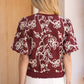 Burgundy Floral Embroidered Short Bubble Sleeve Top - Purpose + Passion Boutique