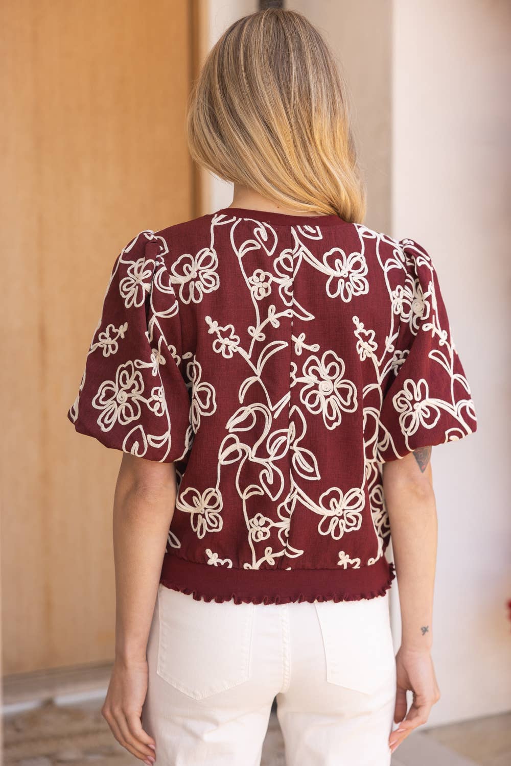 Burgundy Floral Embroidered Short Bubble Sleeve Top - Purpose + Passion Boutique