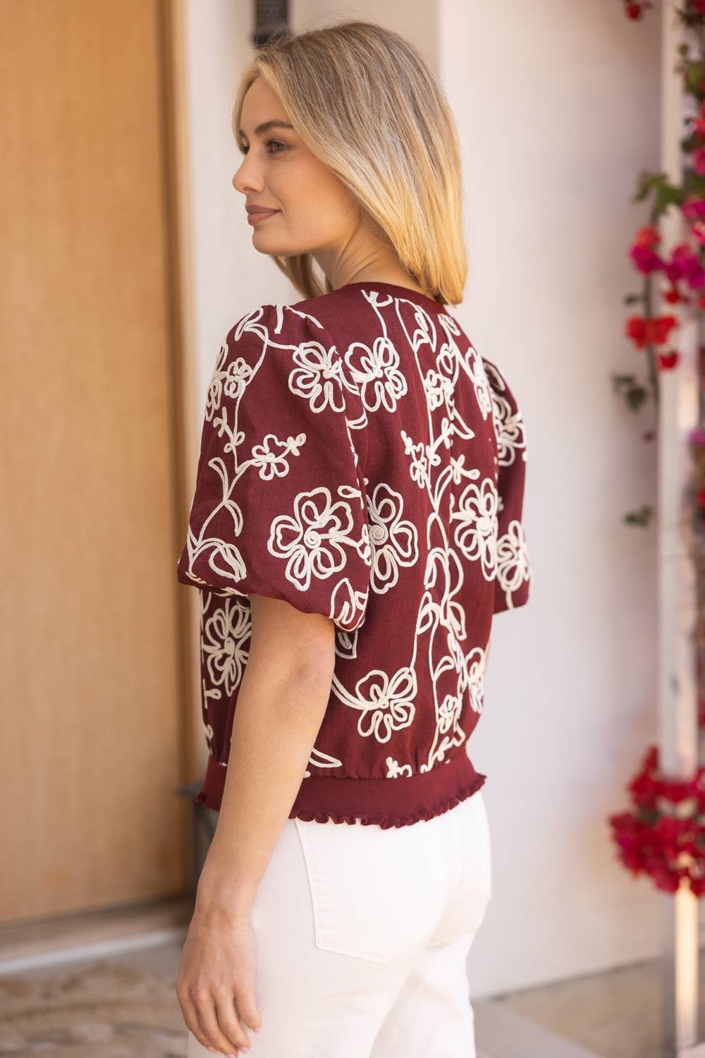 Burgundy Floral Embroidered Short Bubble Sleeve Top - Purpose + Passion Boutique
