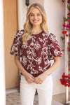 Burgundy Floral Embroidered Short Bubble Sleeve Top - Purpose + Passion Boutique