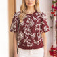 Burgundy Floral Embroidered Short Bubble Sleeve Top - Purpose + Passion Boutique