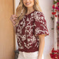 Burgundy Floral Embroidered Short Bubble Sleeve Top - Purpose + Passion Boutique