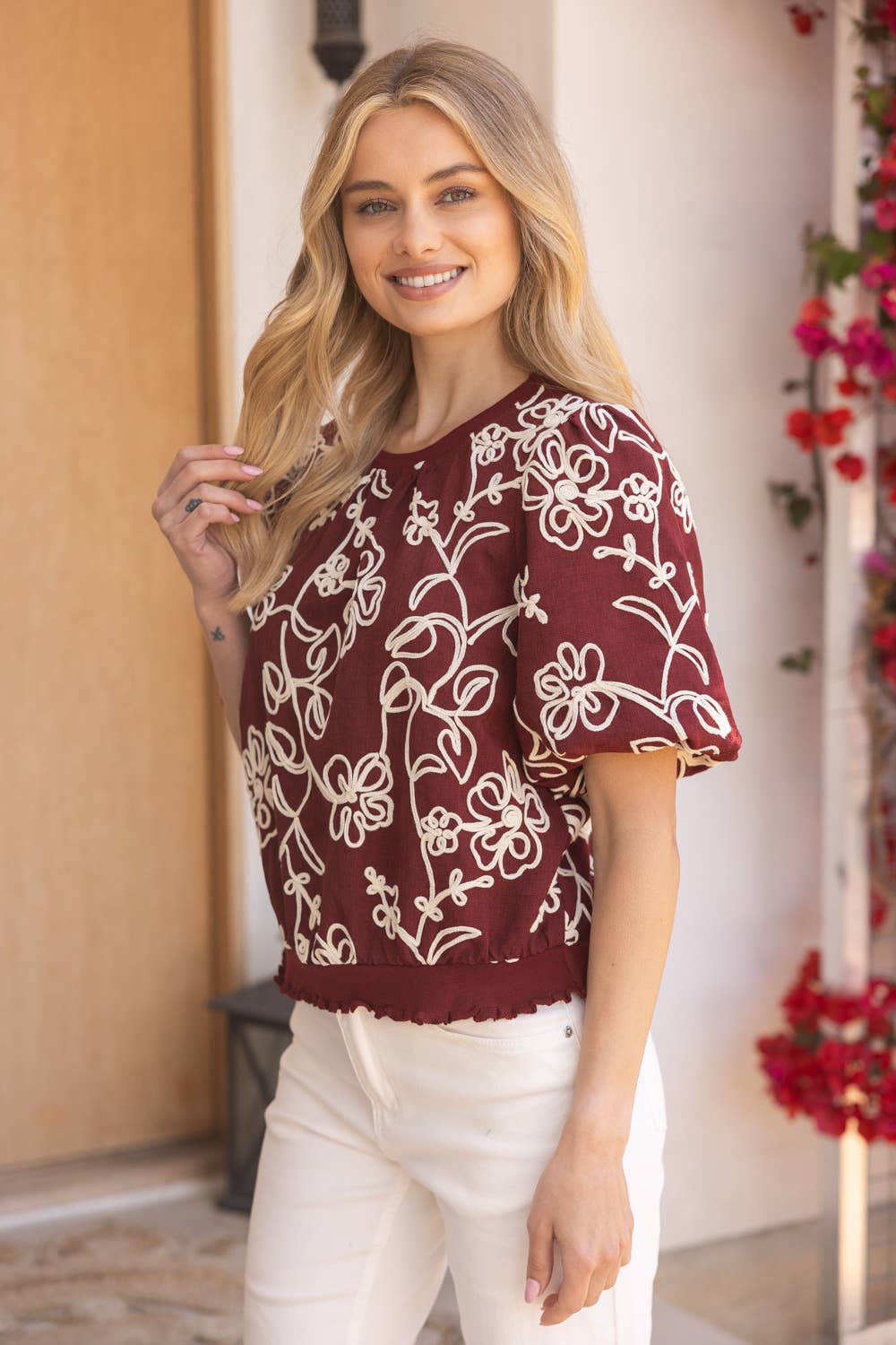 Burgundy Floral Embroidered Short Bubble Sleeve Top - Purpose + Passion Boutique
