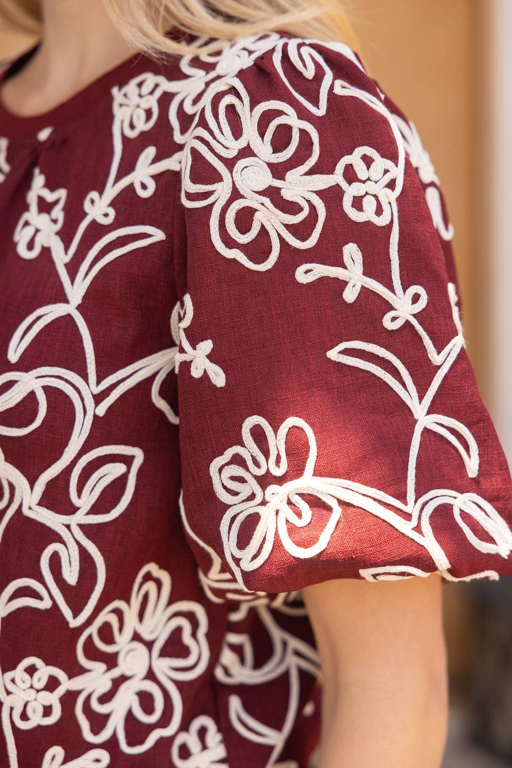 Burgundy Floral Embroidered Short Bubble Sleeve Top - Purpose + Passion Boutique