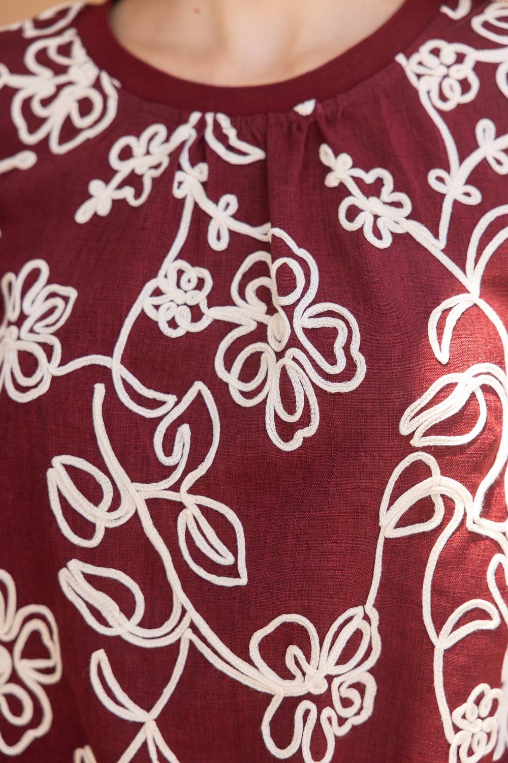 Burgundy Floral Embroidered Short Bubble Sleeve Top - Purpose + Passion Boutique