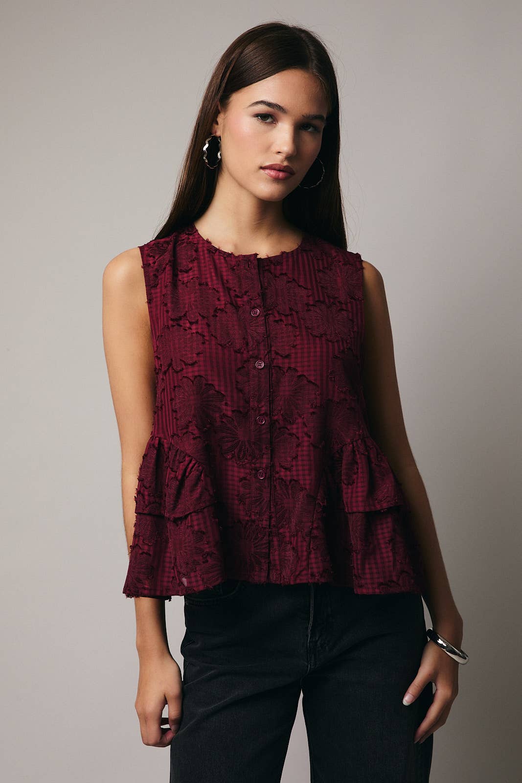 Burgundy Round Neck Sleeveless Button Down - Purpose + Passion Boutique