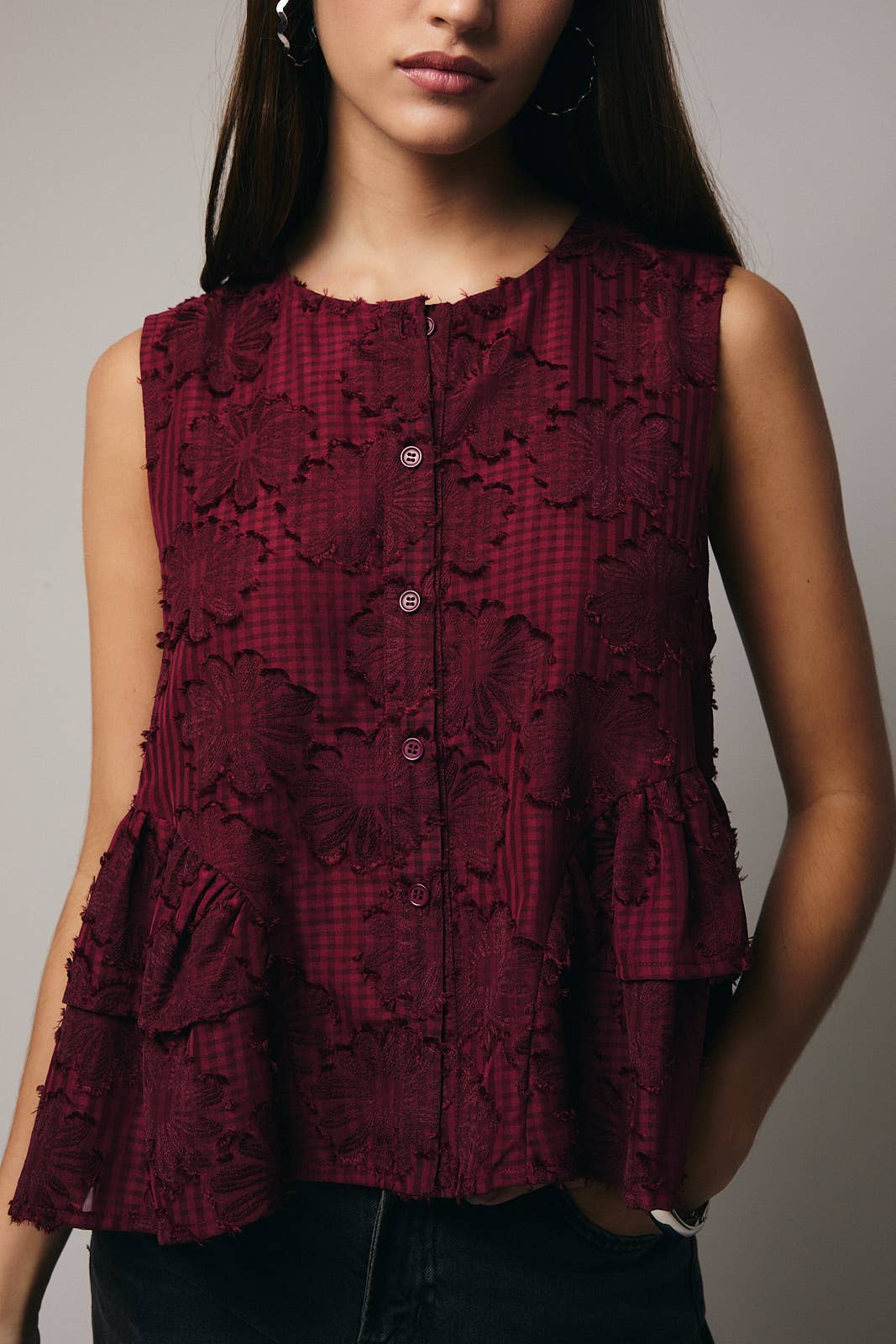 Burgundy Round Neck Sleeveless Button Down - Purpose + Passion Boutique