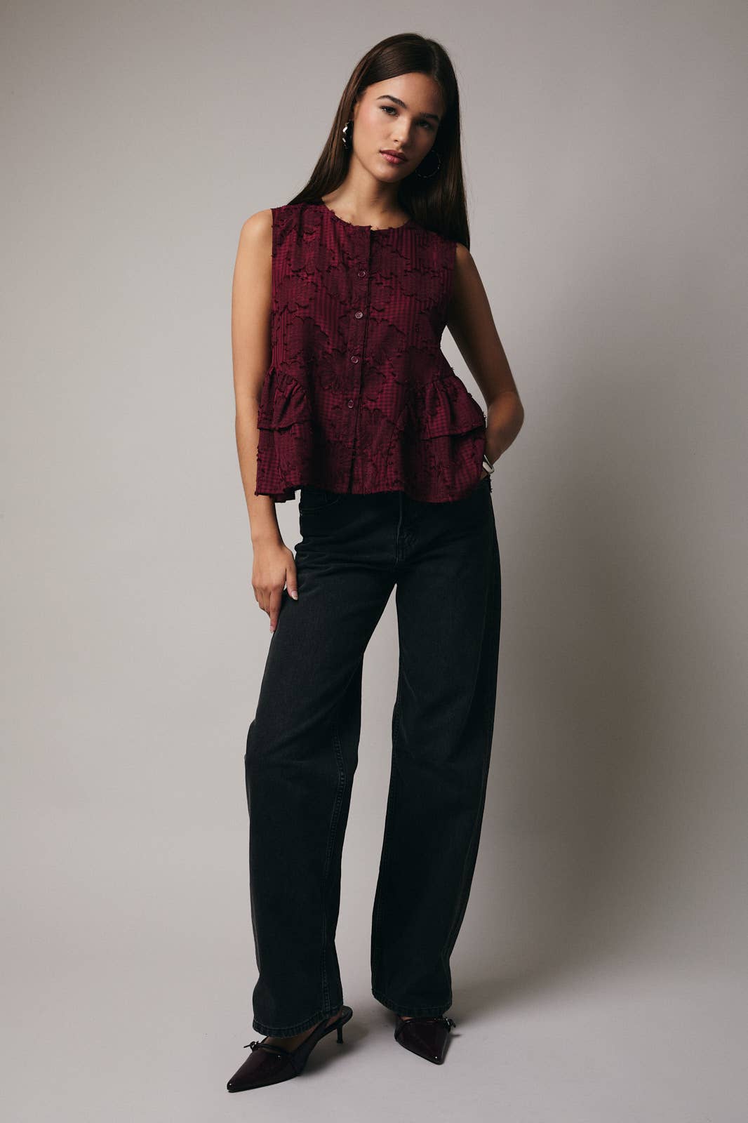 Burgundy Round Neck Sleeveless Button Down - Purpose + Passion Boutique