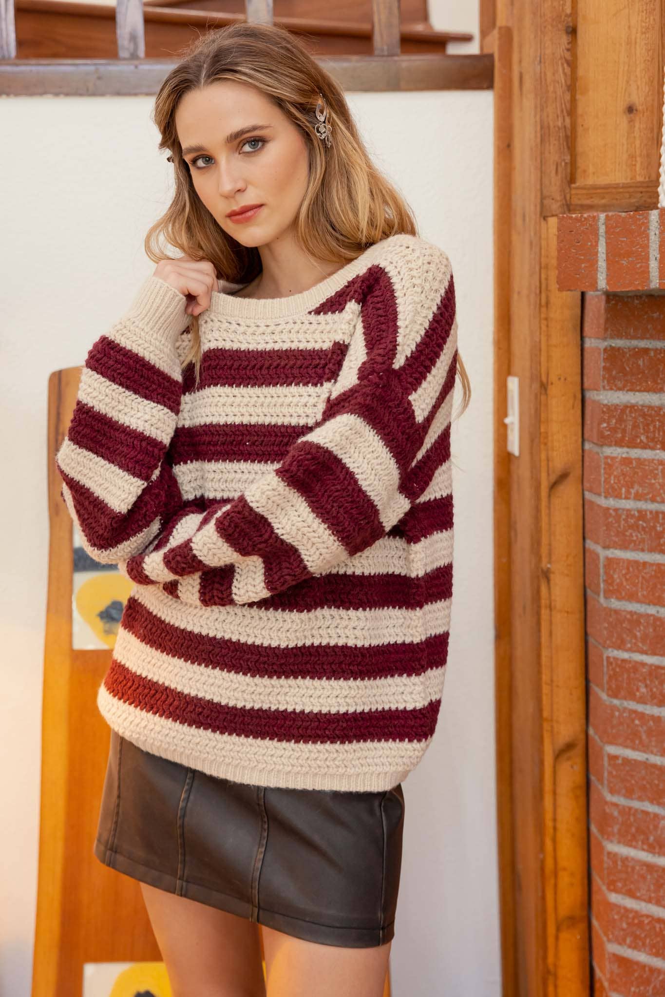 Burgundy + White Stripe Pullover Sweater - Purpose + Passion Boutique