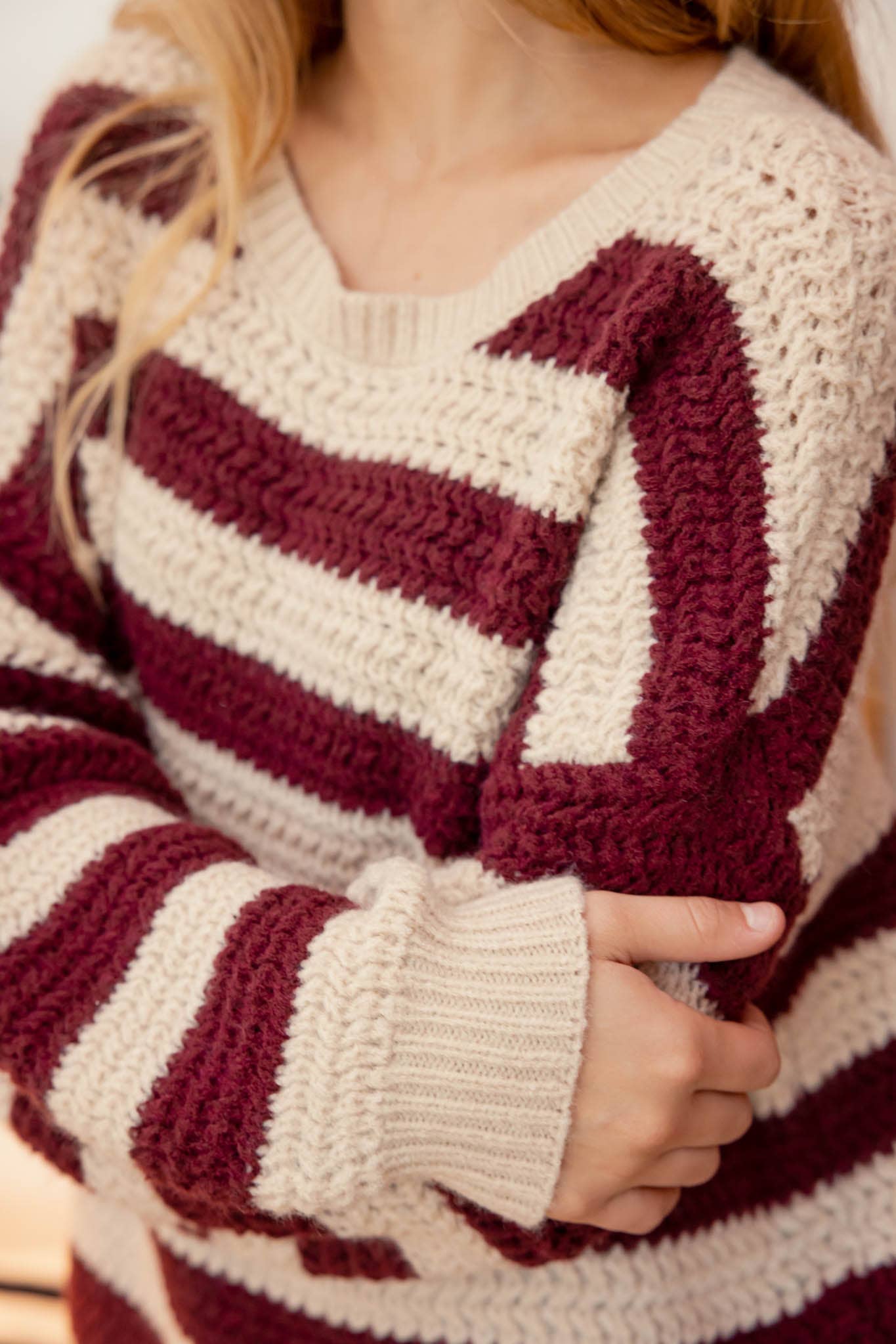 Burgundy + White Stripe Pullover Sweater - Purpose + Passion Boutique