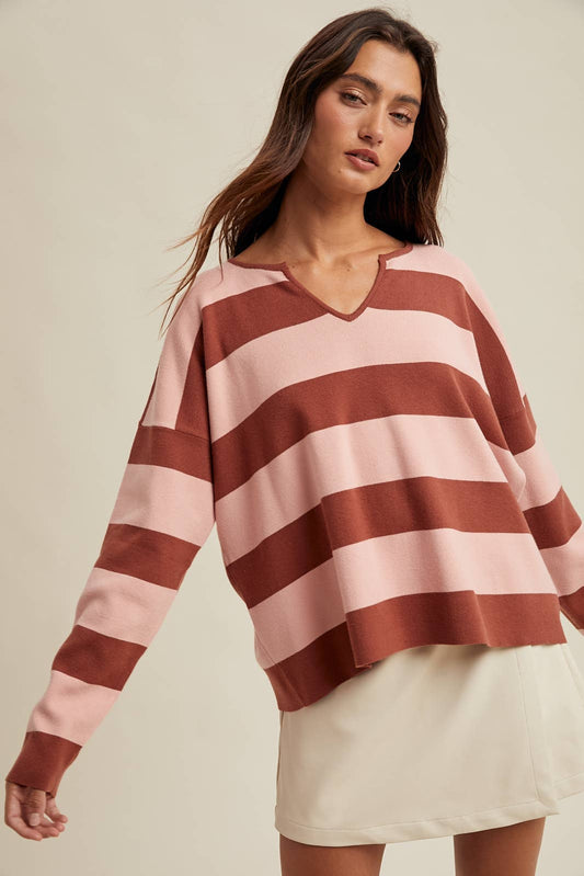 Burlwood Striped Notch Knit Sweater - Purpose + Passion Boutique