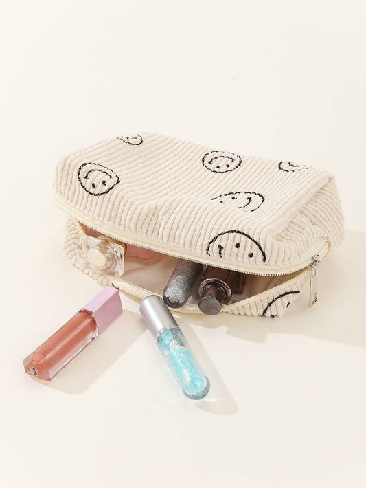 Smiley Face Corduroy Travel Cosmetic Bag